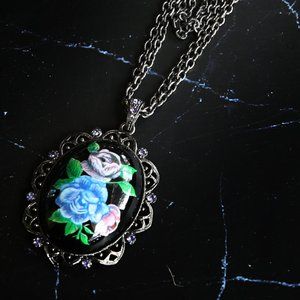 1928 Brand Blackened Metal with Purple Stones and Floral Painting Necklace